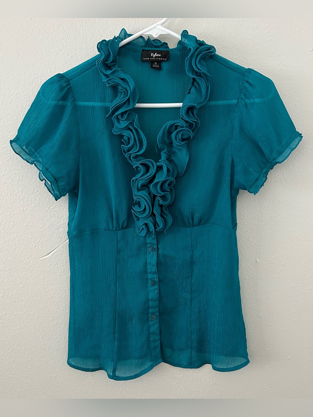 Y2K Sheer Teal Ruffle Blouse Metallic Shimmer Size M Byline Byer California VTG